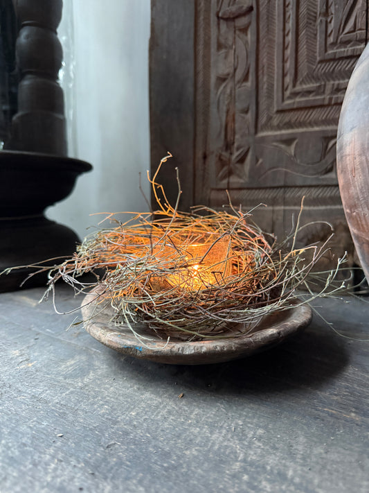 Interieur decoratie set houten schaaltje met windlicht