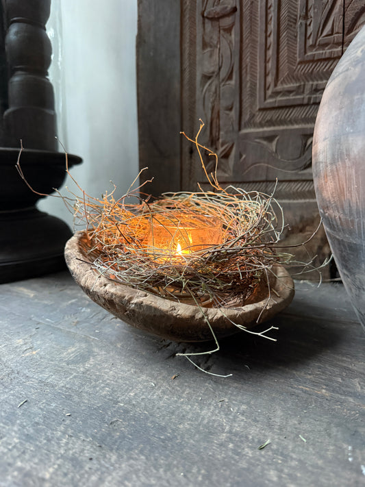 Interieur decoratie set houten schaaltje met windlicht