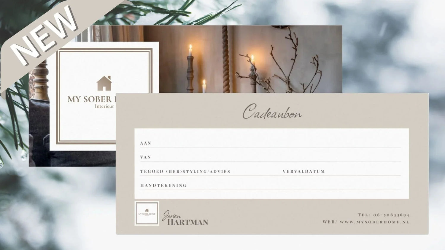 My Sober Home cadeaubon voor handgemaakte woonaccessoires, stijlvol design met landelijke sfeer.