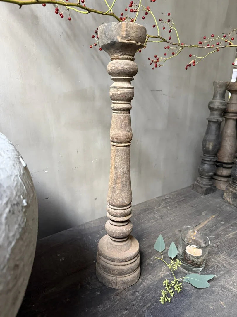 Authentieke houten baluster kandelaar, landelijke sobere woonaccessoire, My Sober Home