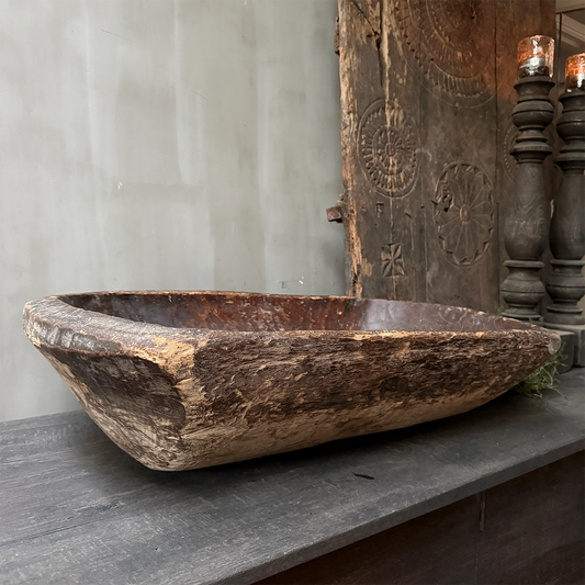 Uniek oud houten basin 70 × 45 × 20 cm met ronde bodem