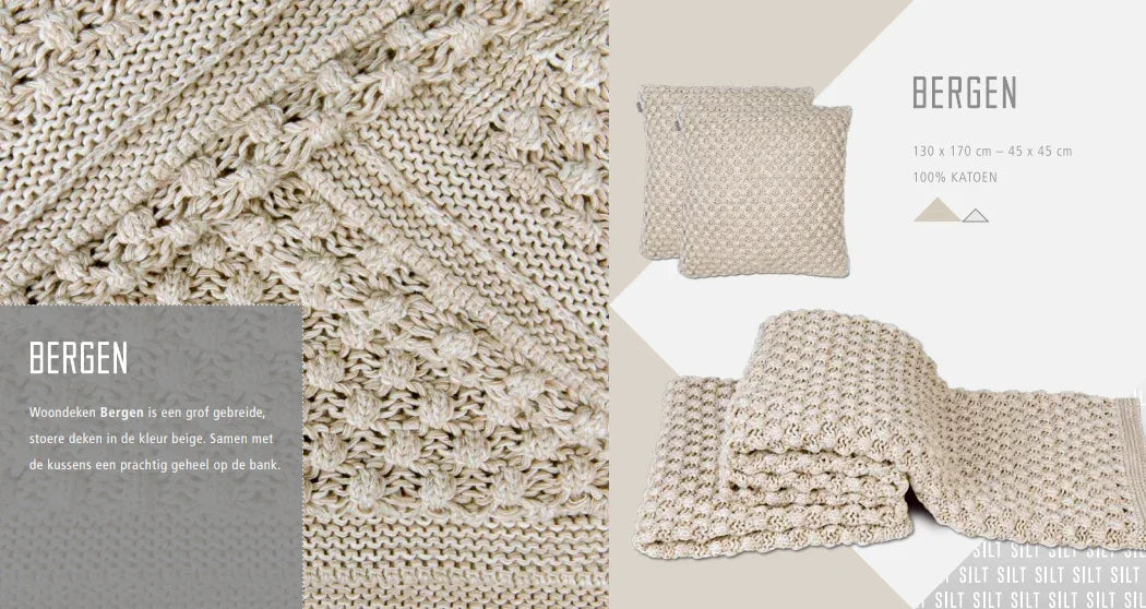 Grof gebreide beige katoenen woondeken en kussens Bergen, landelijk sober interieur My Sober Home