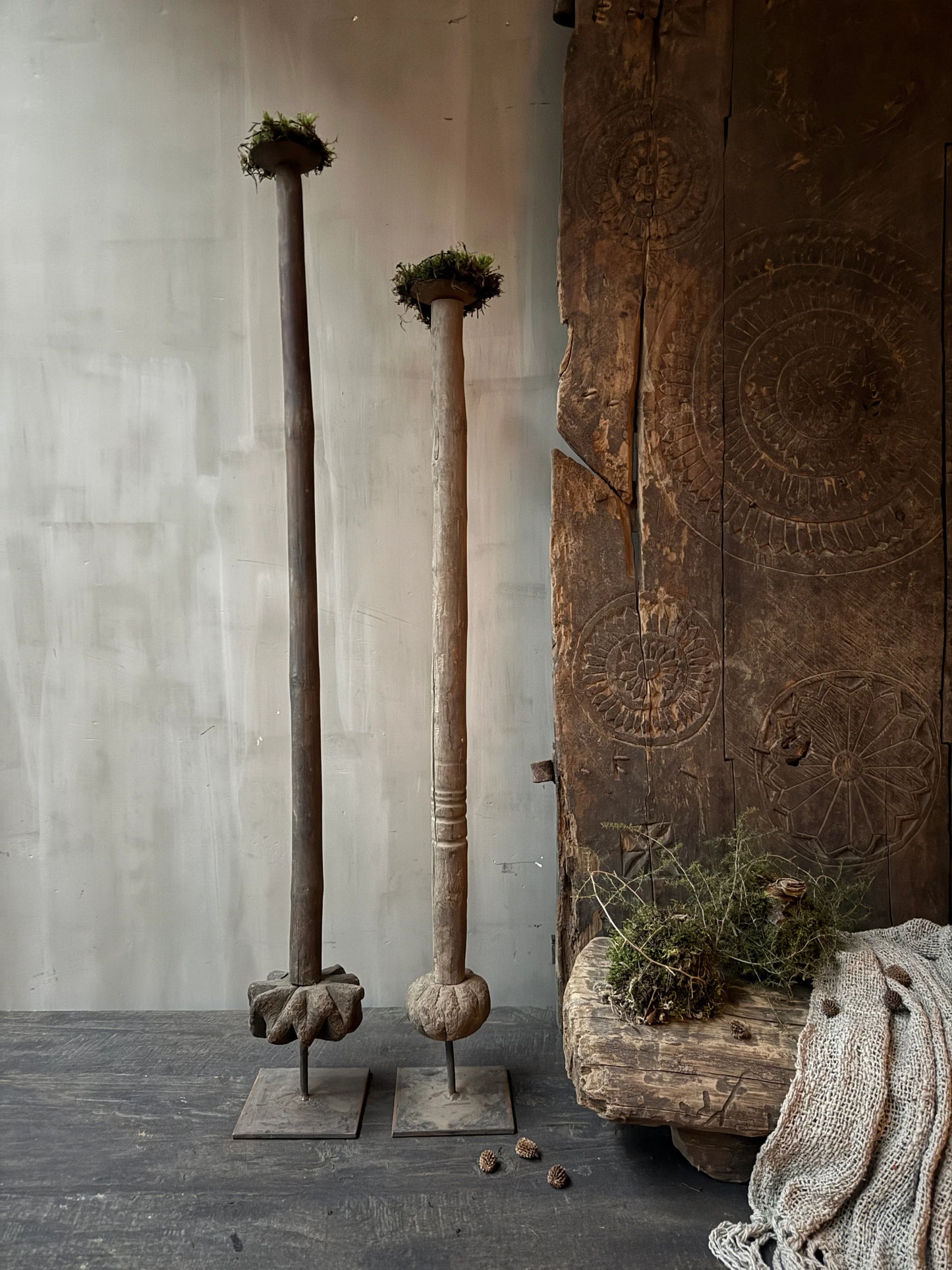 Authentieke houten boterstampers uit India, handgemaakt, sober landelijk interieur decoratie