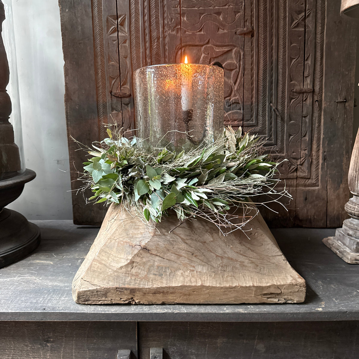 Oude houten poer ornament kandelaar 41 × 40 × 17 cm