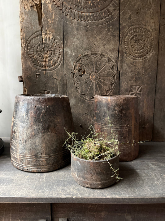 Authentieke houten potten met plant, sobere handgemaakte woonaccessoire uit India, My Sober Home