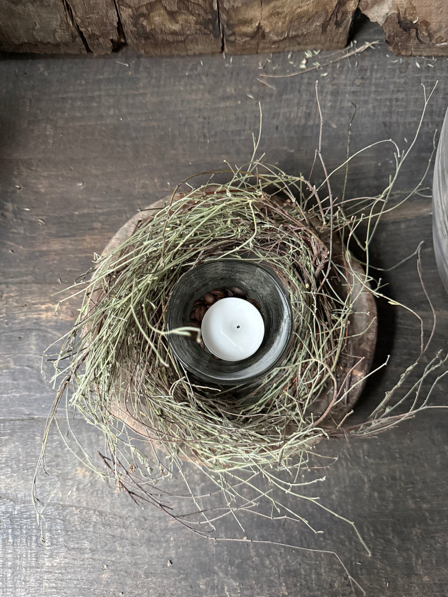 Interieur decoratie set houten schaaltje met windlicht