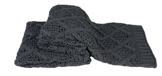 Donkergrijze, handgemaakte gebreide plaid van My Sober Home, landelijk sober woonaccessoire