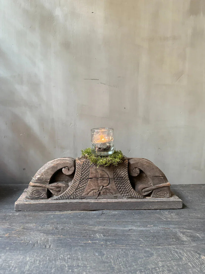 Handgemaakte houten kandelaar met glas, landelijk en sober design, My Sober Home woonaccessoire