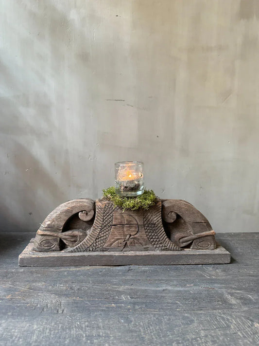 Handgemaakte houten kandelaar met glas, landelijk en sober design, My Sober Home woonaccessoire