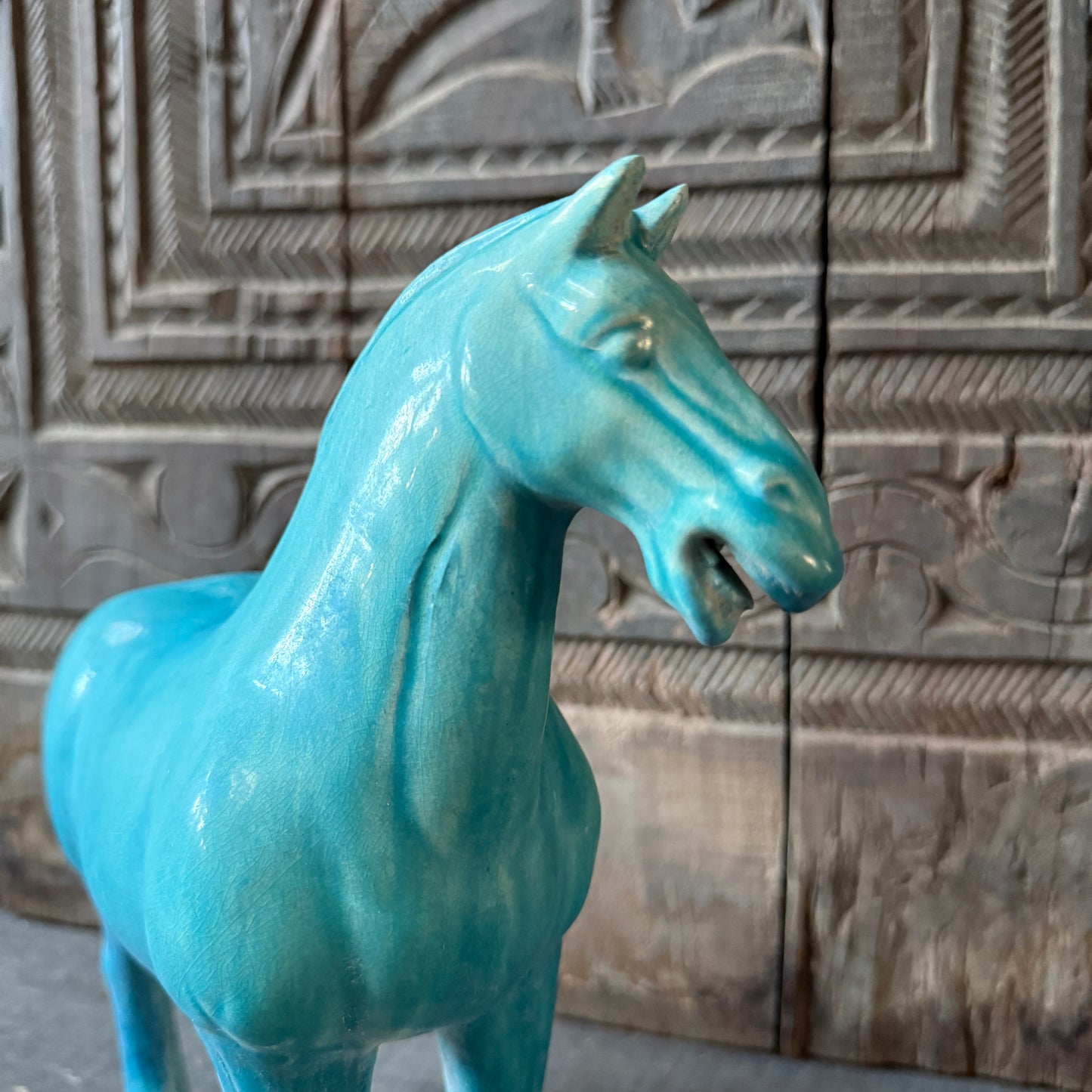 Terracotta horse blue looking left