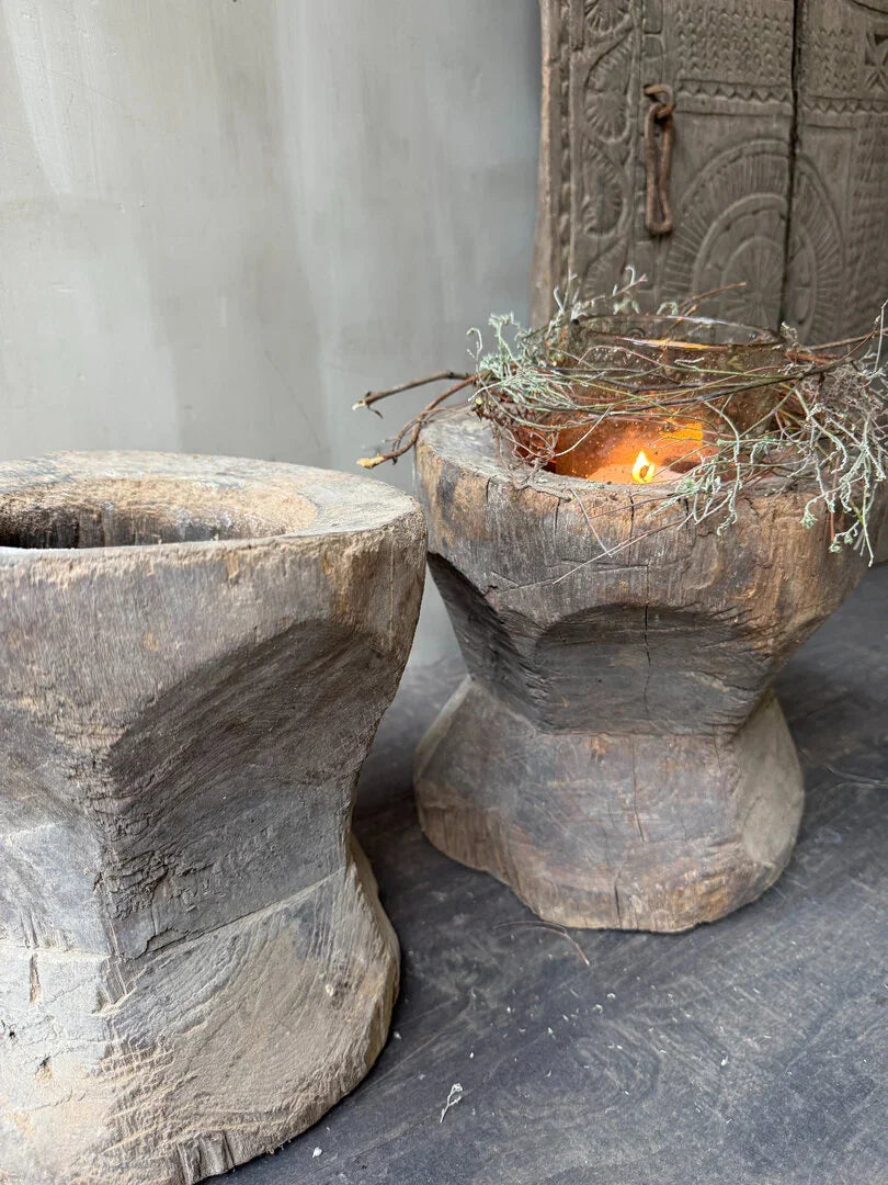 Handgemaakte houten vijzels met rustieke uitstraling, landelijke woonaccessoire decoratie