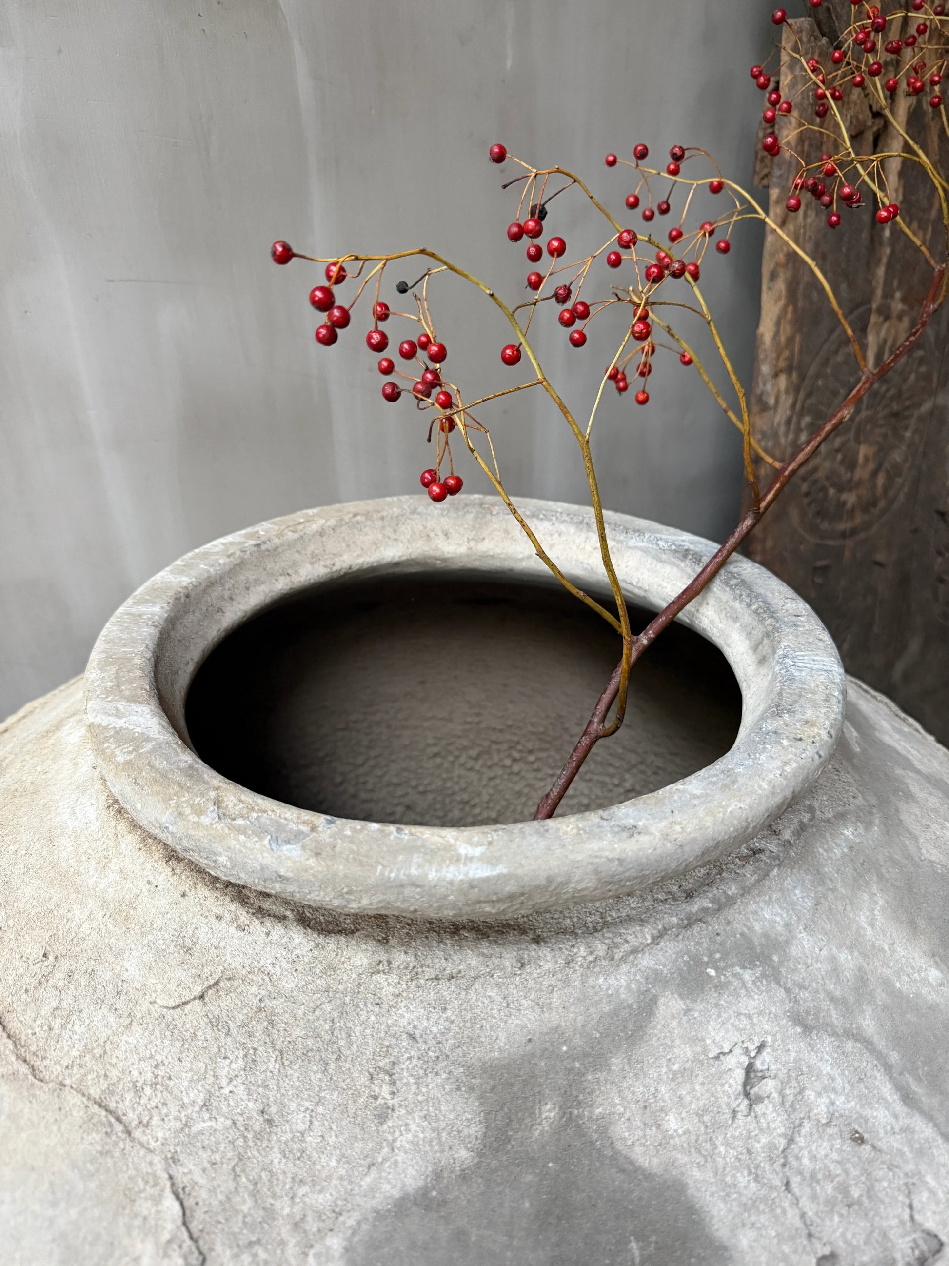 Authentieke handgemaakte waterpot met rode bessen, sober interieur woonaccessoire