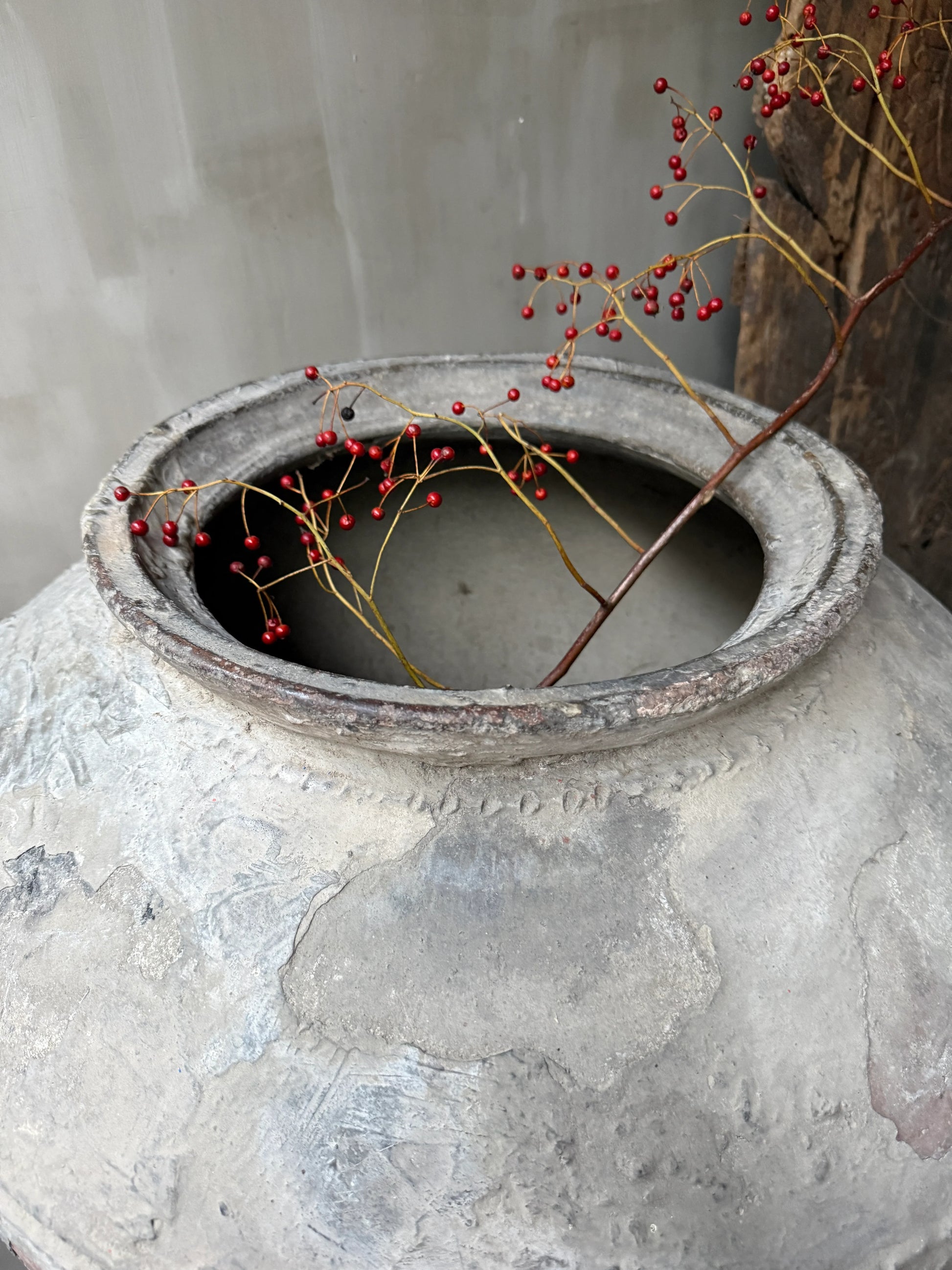 Authentieke, handgemaakte waterpot met rode bessen, sober en landelijk woonaccessoire
