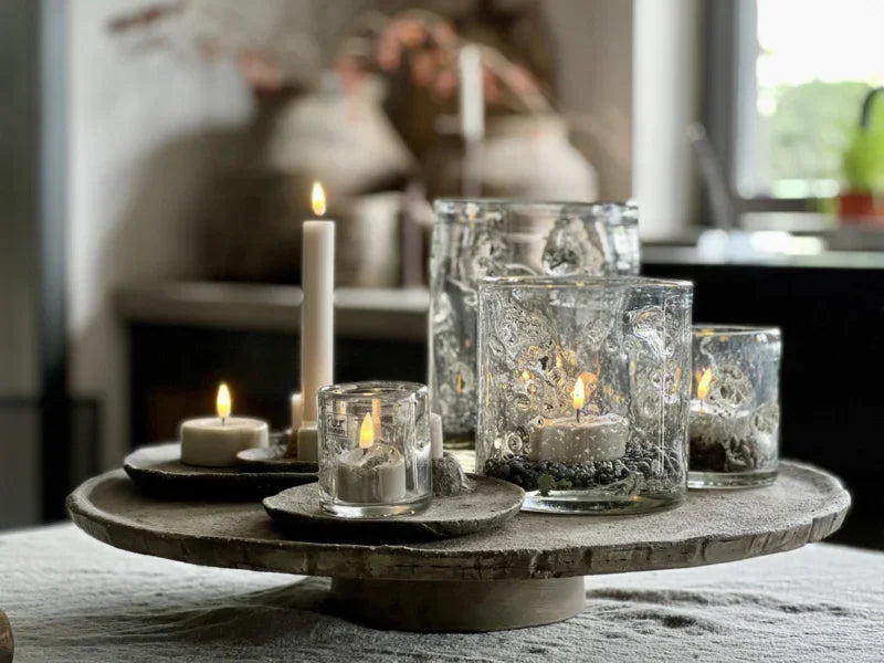 Handgemaakte waxinelichtjes en kandelaars in rustiek glas op houten plateau, sober landelijk interieur